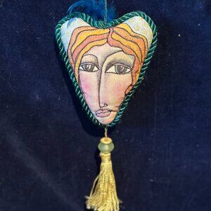 Vintage Heart Shaped Puffed Fabric Ornament with Woman's Face